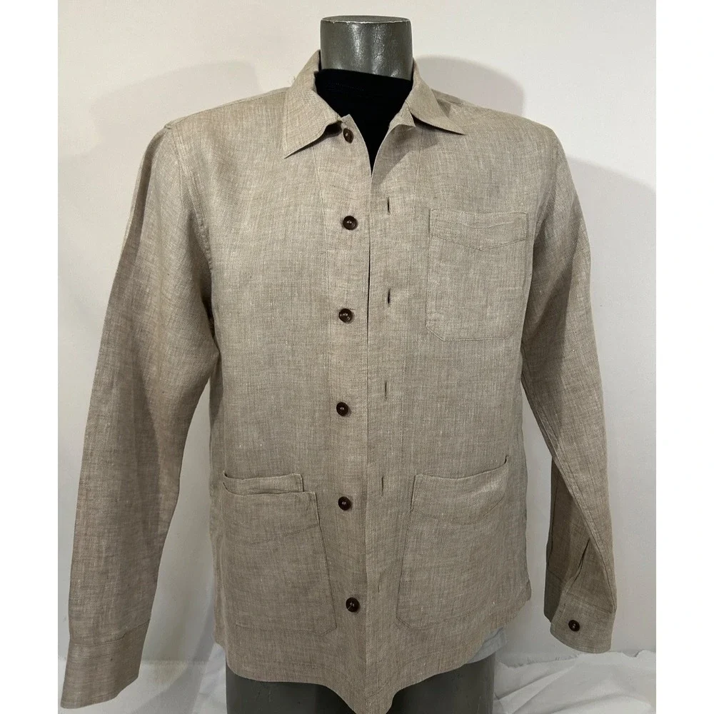 Banana Republic Mens Linen Herringbone Chore Shirt Jacket Beige Utility Sz M